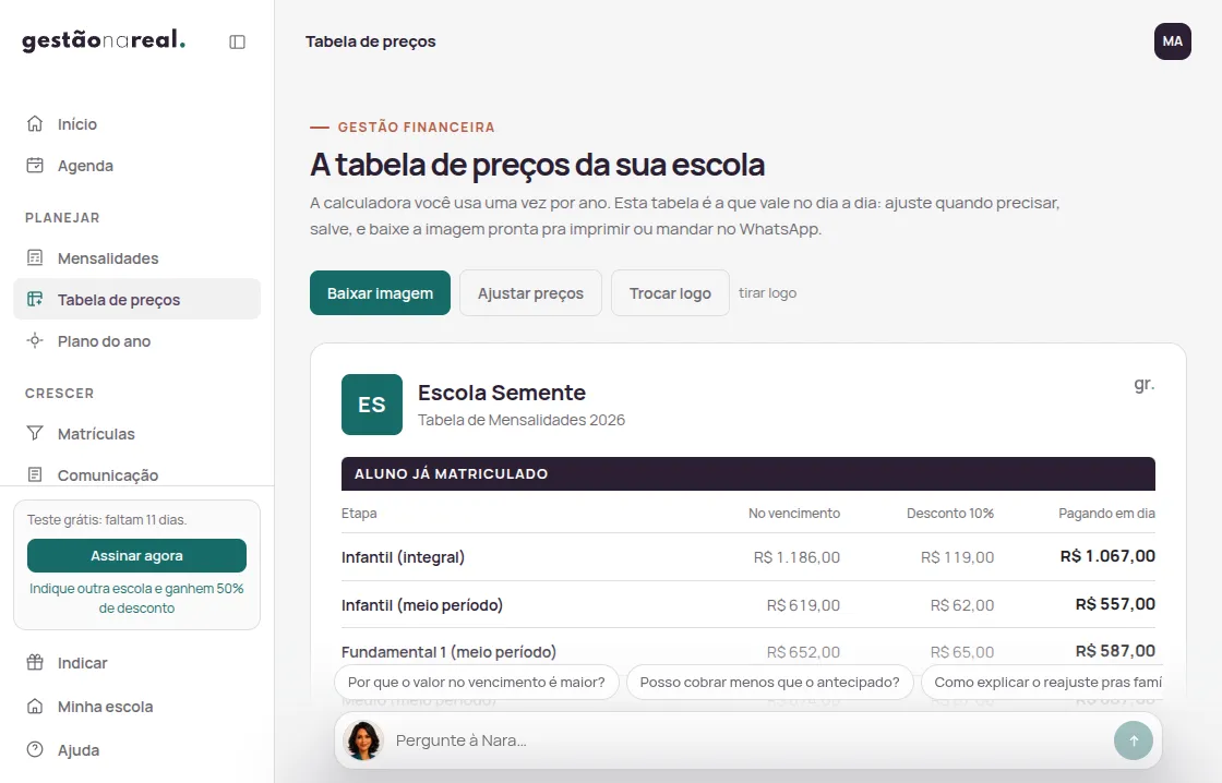 Calculadora de mensalidade: Preço por turma, calculado e pronto pra usar.